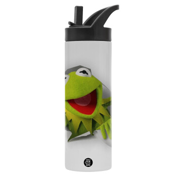 Kermit the frog, Μεταλλικό παγούρι θερμός με καλαμάκι & χειρολαβή, ανοξείδωτο ατσάλι (Stainless steel 304), διπλού τοιχώματος, 600ml