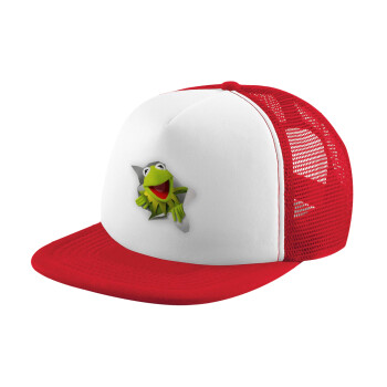 Kermit the frog, Adult Soft Trucker Hat with Red/White Mesh (POLYESTER, ADULT, UNISEX, ONE SIZE)