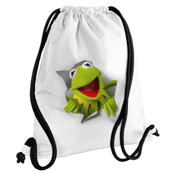 Kermit the frog, Τσάντα πλάτης πουγκί GYMBAG λευκή, με τσέπη (40x48cm) & χονδρά κορδόνια