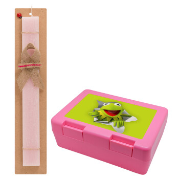 Kermit the frog, Easter Set, children's snack container PINK & scented flat Easter candle (30cm) (PINK)