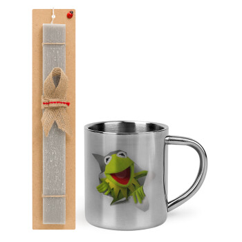 Kermit the frog, Easter Set, metallic thermal cup (300ml) & Easter aromatic flat candle (30cm) (GRAY)