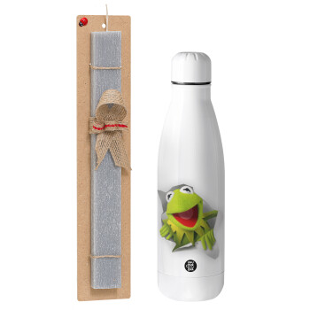 Kermit the frog, Easter Set, metallic Inox water bottle (700ml) & Easter scented flat candle (30cm) (GRAY)