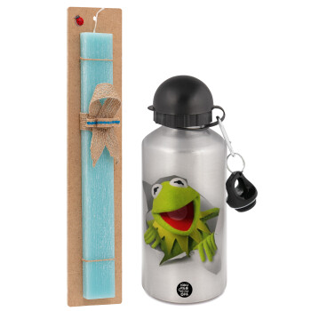 Kermit the frog, Easter Set, metallic silver aluminum water bottle (500ml) & scented flat Easter candle (30cm) (TURQUOISE)