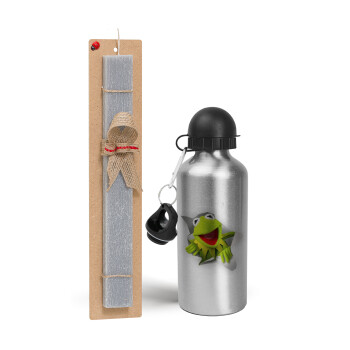 Kermit the frog, Easter Set, metallic silver aluminum water bottle (500ml) & aromatic flat Easter candle (30cm) (GRAY)