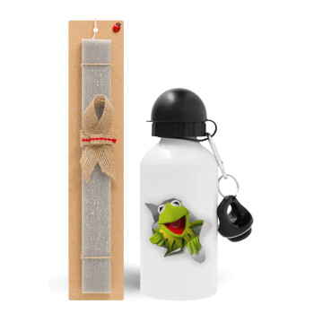 Kermit the frog, Easter Set, metallic aluminum water bottle (500ml) & aromatic flat Easter candle (30cm) (GRAY)