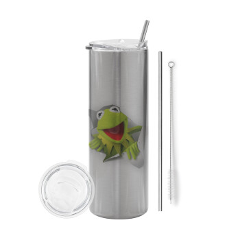 Kermit the frog, Tumbler ποτήρι θερμό Ασημένιο από ανοξείδωτο ατσάλι 600ml, με μεταλλικό καλαμάκι & βούρτσα καθαρισμού