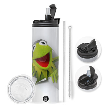 Kermit the frog, Travel Tumbler θερμό με διπλό καπάκι, μεταλλικό καλαμάκι και βούρτσα καθαρισμού (Ανωξείδωτο 304 Food grade, BPA free, 600ml)