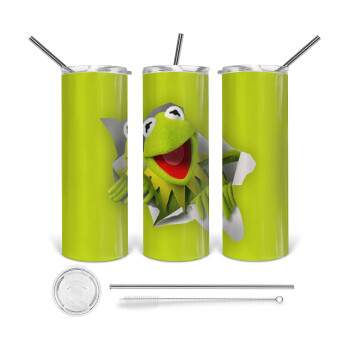 Kermit the frog, Tumbler ποτήρι θερμό από ανοξείδωτο ατσάλι 600ml, με μεταλλικό καλαμάκι & βούρτσα καθαρισμού