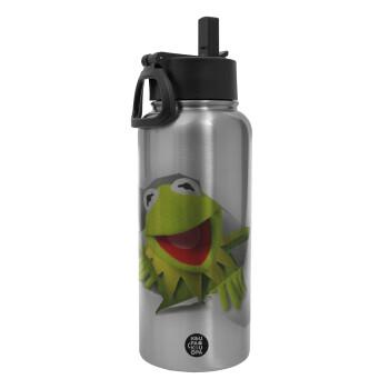 Kermit the frog, Μεταλλικό παγούρι θερμός Silver με καλαμάκι και χερούλι (Stainless steel), διπλού τοιχώματος, 950ml