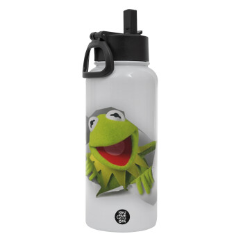 Kermit the frog, Μεταλλικό παγούρι θερμός Λευκό με καλαμάκι και χερούλι (Stainless steel), διπλού τοιχώματος, 950ml