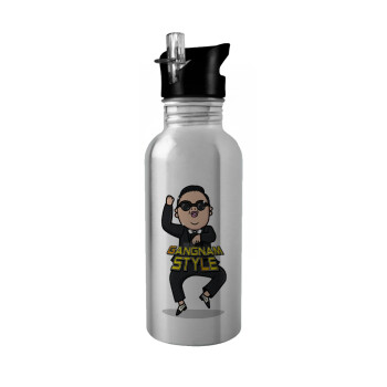 PSY - GANGNAM STYLE, Water bottle Silver with straw, stainless steel 600ml