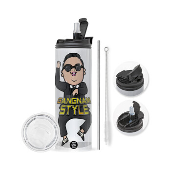 PSY - GANGNAM STYLE, Travel Tumbler θερμό με διπλό καπάκι, μεταλλικό καλαμάκι και βούρτσα καθαρισμού (Ανωξείδωτο 304 Food grade, BPA free, 600ml)