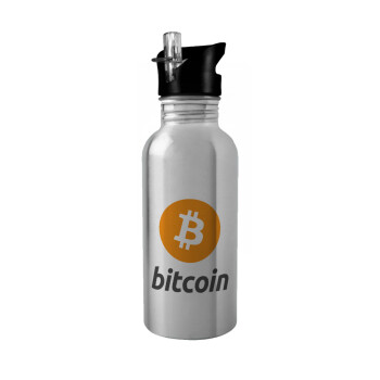 Bitcoin, Water bottle Silver with straw, stainless steel 600ml