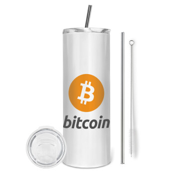 Bitcoin, Tumbler ποτήρι θερμό από ανοξείδωτο ατσάλι 600ml, με μεταλλικό καλαμάκι & βούρτσα καθαρισμού