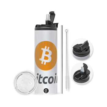 Bitcoin, Travel Tumbler θερμό με διπλό καπάκι, μεταλλικό καλαμάκι και βούρτσα καθαρισμού (Ανωξείδωτο 304 Food grade, BPA free, 600ml)