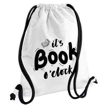 It's Book O'Clock, Τσάντα πλάτης πουγκί GYMBAG λευκή, με τσέπη (40x48cm) & χονδρά κορδόνια