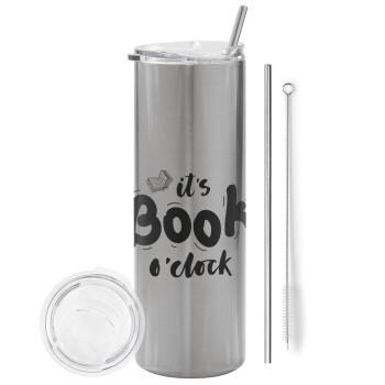 It's Book O'Clock, Eco friendly stainless steel Silver tumbler 600ml, with metal straw & cleaning brush