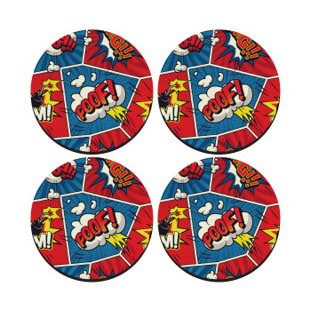 Comic boom!, SET of 4 round wooden coasters (9cm)