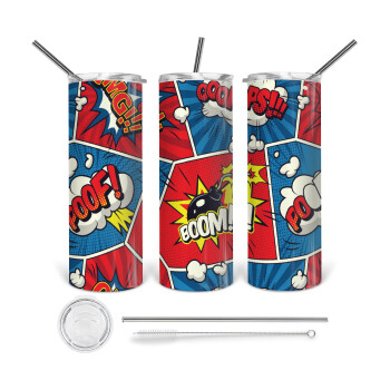 Comic boom!, 360 Eco friendly ποτήρι θερμό (tumbler) από ανοξείδωτο ατσάλι 600ml, με μεταλλικό καλαμάκι & βούρτσα καθαρισμού