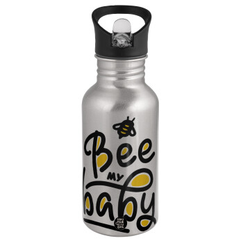 Bee my BABY!!!, Παγούρι νερού Ασημένιο με καλαμάκι, ανοξείδωτο ατσάλι 500ml