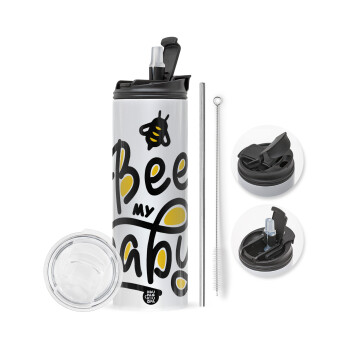 Bee my BABY!!!, Travel Tumbler θερμό με διπλό καπάκι, μεταλλικό καλαμάκι και βούρτσα καθαρισμού (Ανωξείδωτο 304 Food grade, BPA free, 600ml)