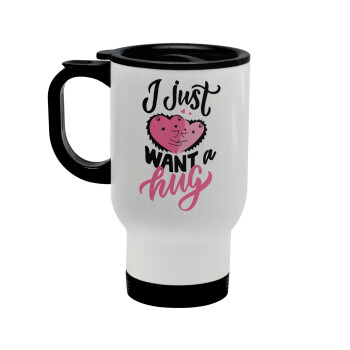 I Just want a hug!, Stainless steel travel mug with lid, double wall white 450ml