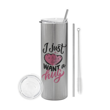 I Just want a hug!, Eco friendly ποτήρι θερμό Ασημένιο (tumbler) από ανοξείδωτο ατσάλι 600ml, με μεταλλικό καλαμάκι & βούρτσα καθαρισμού