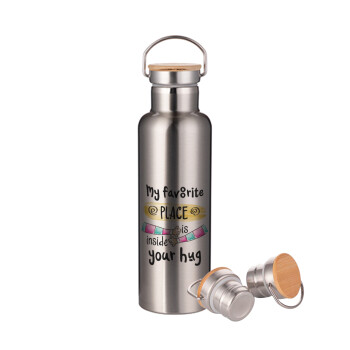 My favorite place is inside your HUG, Stainless steel Silver with wooden lid (bamboo), double wall, 750ml