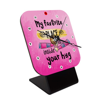 My favorite place is inside your HUG, Quartz Wooden table clock with hands (10cm)