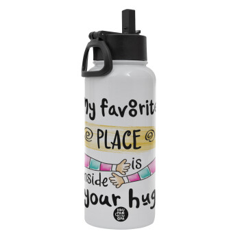 My favorite place is inside your HUG, Metal mug thermo White with Straw and Spout Lid (Stainless steel), double wall, 950ml