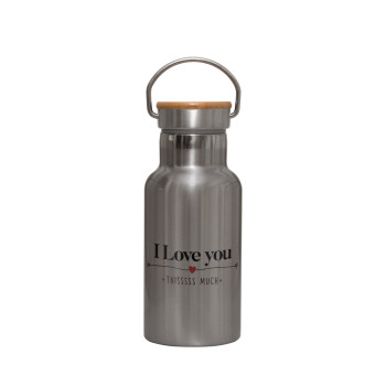 I Love you thisssss much, Stainless steel metallic thermos flask, silver with a bamboo lid, double-walled, 350ml.