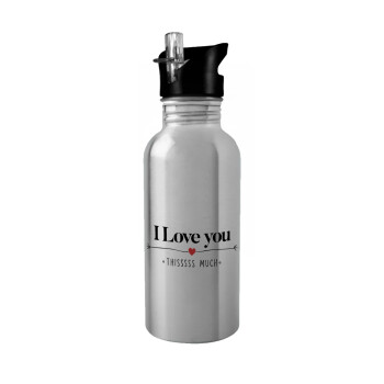 I Love you thisssss much, Water bottle Silver with straw, stainless steel 600ml