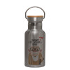 Stainless steel metallic thermos flask, silver with a bamboo lid, double-walled, 350ml.