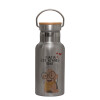 Stainless steel metallic thermos flask, silver with a bamboo lid, double-walled, 350ml.