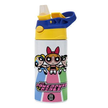 The powerpuff girls , Children's hot water bottle, stainless steel, with safety straw, green, blue (360ml) BPA FREE