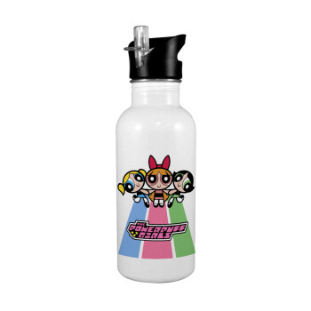 The powerpuff girls , White water bottle with straw, stainless steel 600ml