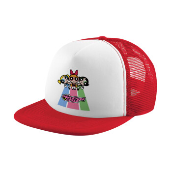 The powerpuff girls , Adult Soft Trucker Hat with Red/White Mesh (POLYESTER, ADULT, UNISEX, ONE SIZE)