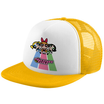 The powerpuff girls , Adult Soft Trucker Hat with Yellow/White Mesh (POLYESTER, ADULT, UNISEX, ONE SIZE)