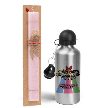 The powerpuff girls , Easter Set, metallic Silver aluminum water bottle (500ml) & scented flat Easter candle (30cm) (PINK)