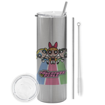 The powerpuff girls , Eco friendly ποτήρι θερμό Ασημένιο (tumbler) από ανοξείδωτο ατσάλι 600ml, με μεταλλικό καλαμάκι & βούρτσα καθαρισμού