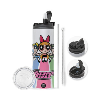 The powerpuff girls , Travel Tumbler θερμό με διπλό καπάκι, μεταλλικό καλαμάκι και βούρτσα καθαρισμού (Ανωξείδωτο 304 Food grade, BPA free, 600ml)