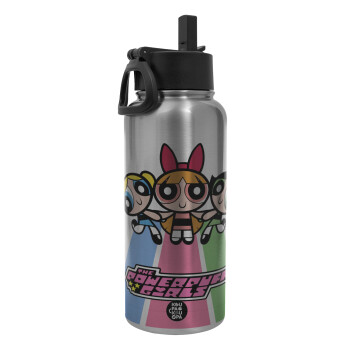 The powerpuff girls , Metal mug thermo Silver with Straw and Spout Lid (Stainless steel), double wall, 950ml