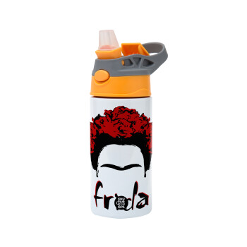 Frida, Children's hot water bottle, stainless steel, with safety straw, Orange/Grey (360ml) BPA-FREE