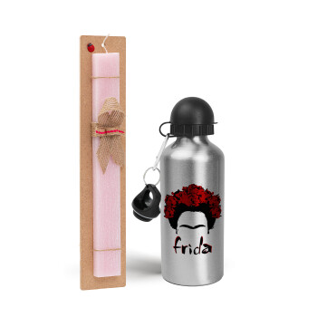 Frida, Easter Set, metallic Silver aluminum water bottle (500ml) & scented flat Easter candle (30cm) (PINK)