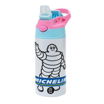 Michelin, Children's hot water bottle, stainless steel, with safety straw, Pink/BlueCiel (360ml) BPA FREE