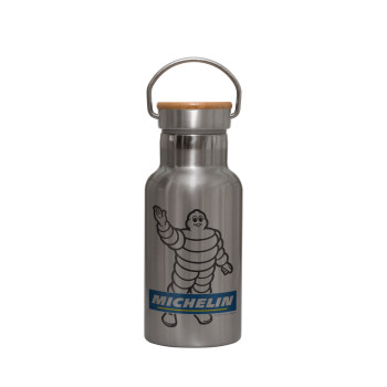 Michelin, Stainless steel metallic thermos flask, silver with a bamboo lid, double-walled, 350ml.