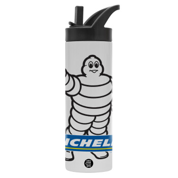 Michelin, Metallic thermos bottle with straw & handle, stainless steel (Stainless steel 304), double-walled, 600ml.