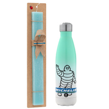 Michelin, Easter Set, Metallic green/white thermos (Stainless steel), double-walled, 500ml & scented flat Easter candle (30cm) (TURQUOISE)