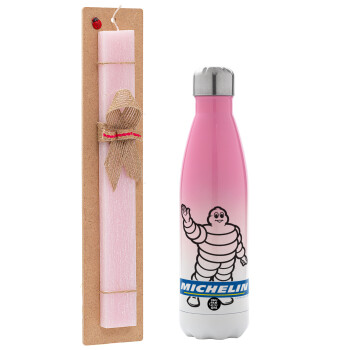 Michelin, Easter Set, Metallic pink/white (Stainless steel) thermos, double-walled, 500ml & aromatic flat Easter candle (30cm) (PINK)