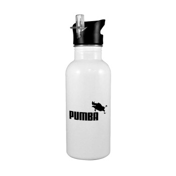 Pumba, White water bottle with straw, stainless steel 600ml